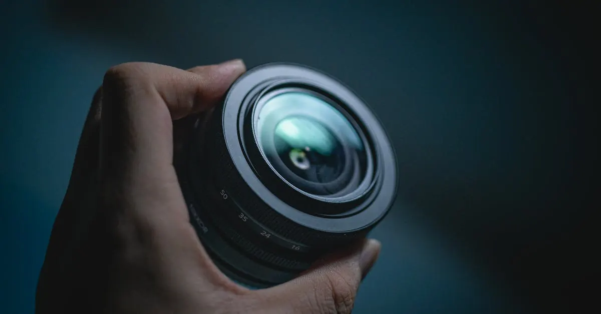 A hand holding a camera lens up to the light